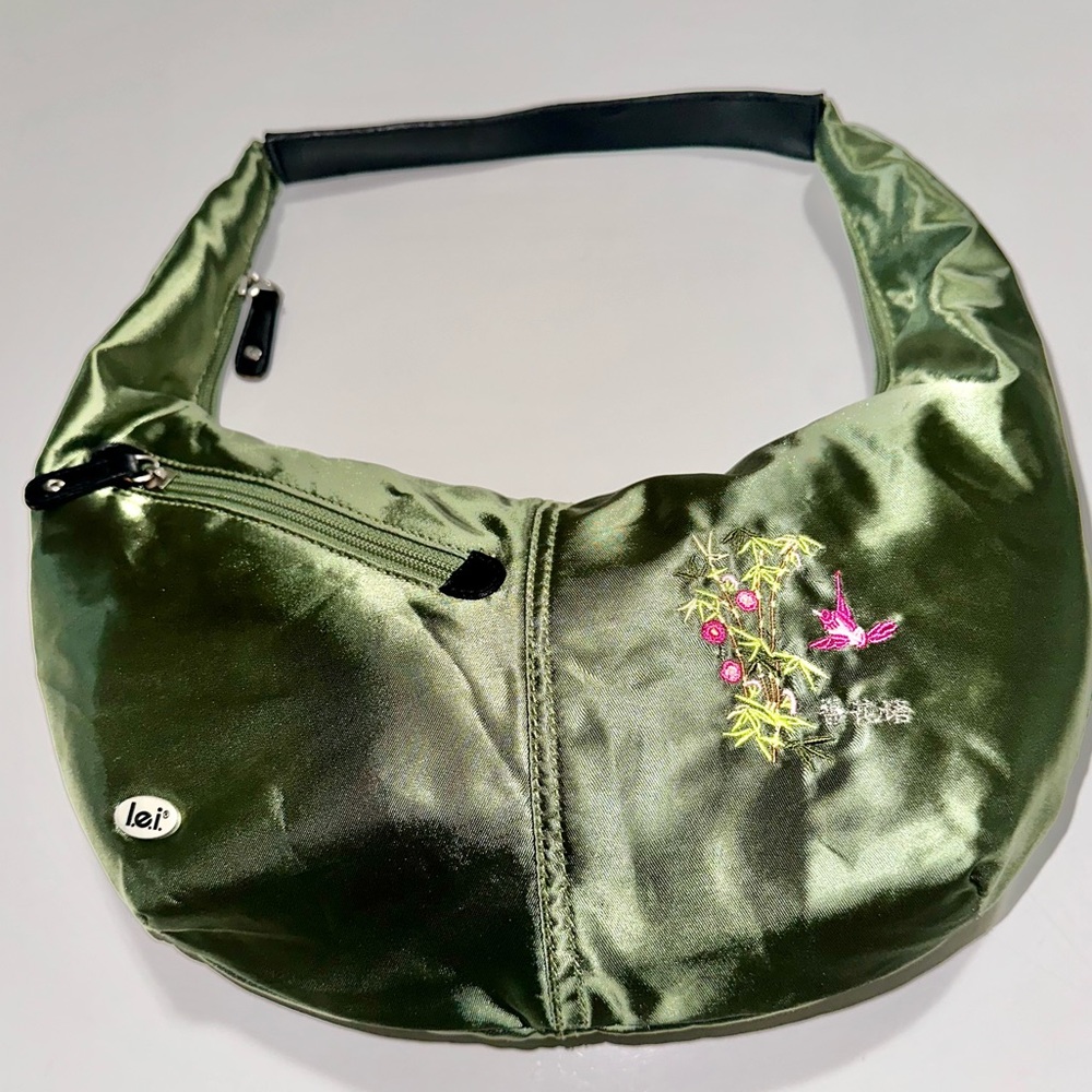 Vintage Y2K lei shiny Military purse embroidered colorful flowers & pretty bird - Picture 9 of 9